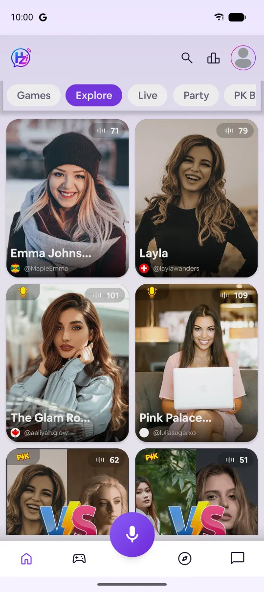 Explore screen with live rooms